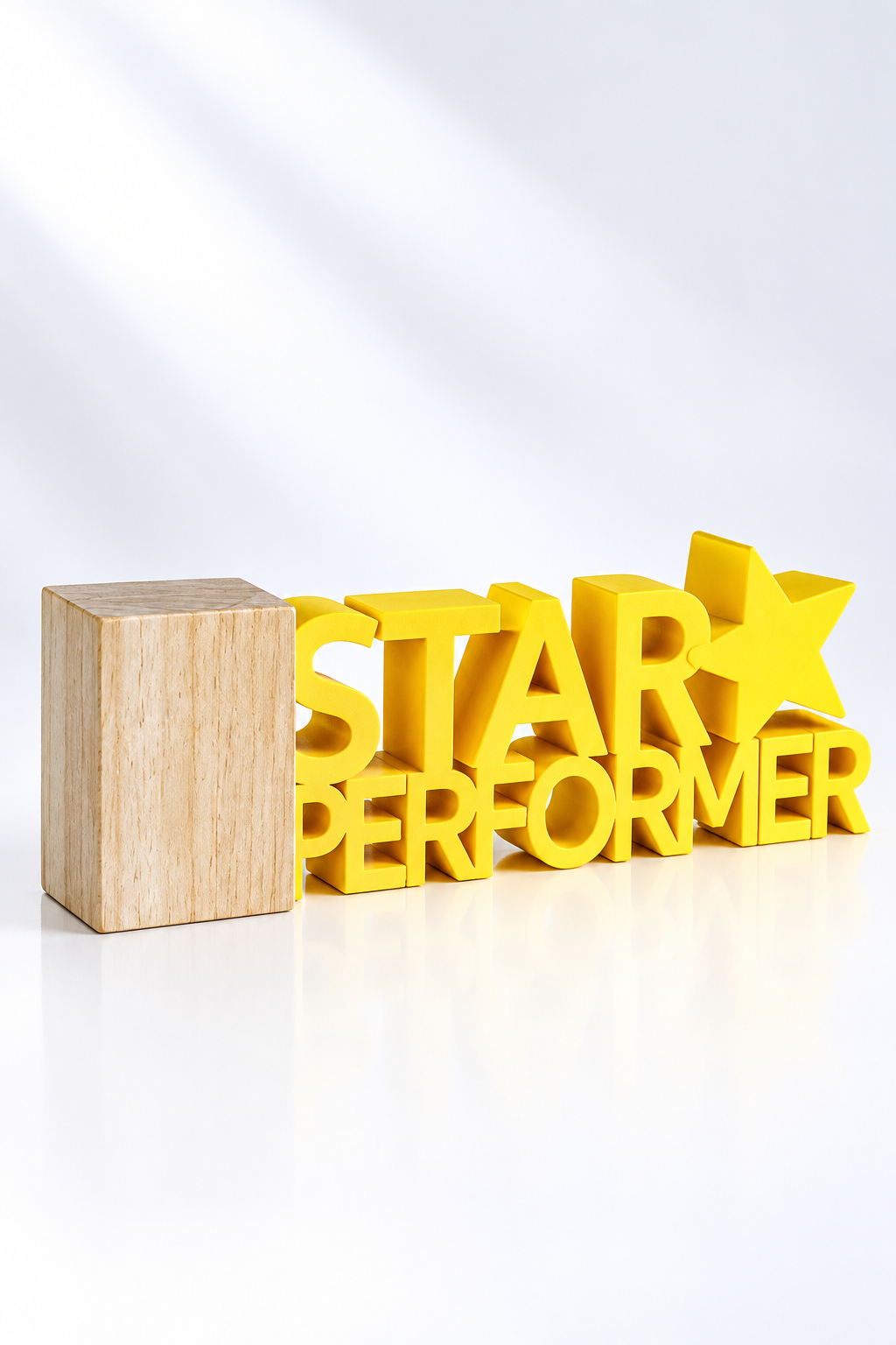 黄色 Star Performer 3D 奖杯与木块底座