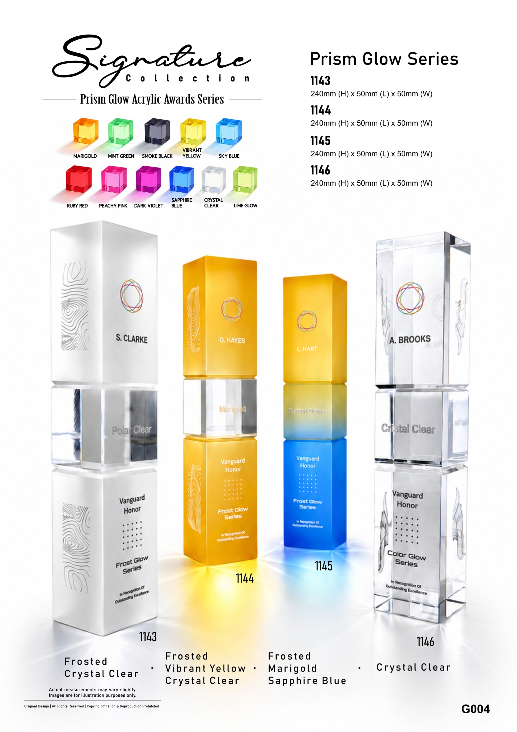 GoBig Prism Glow 原目录页，展示四款组合式亚克力奖杯